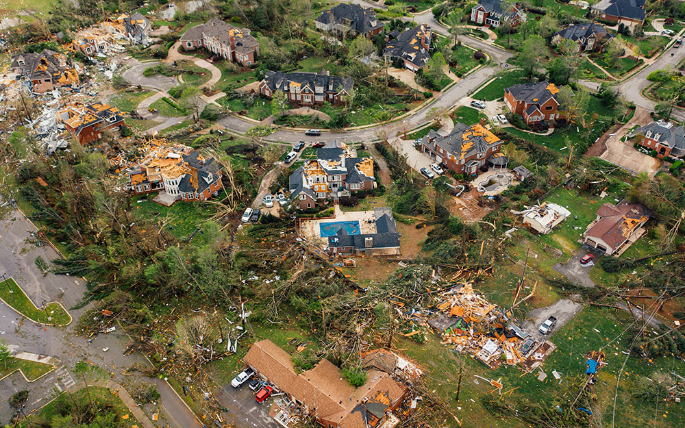 Aerial shot of a neighborhood destroyed by storm