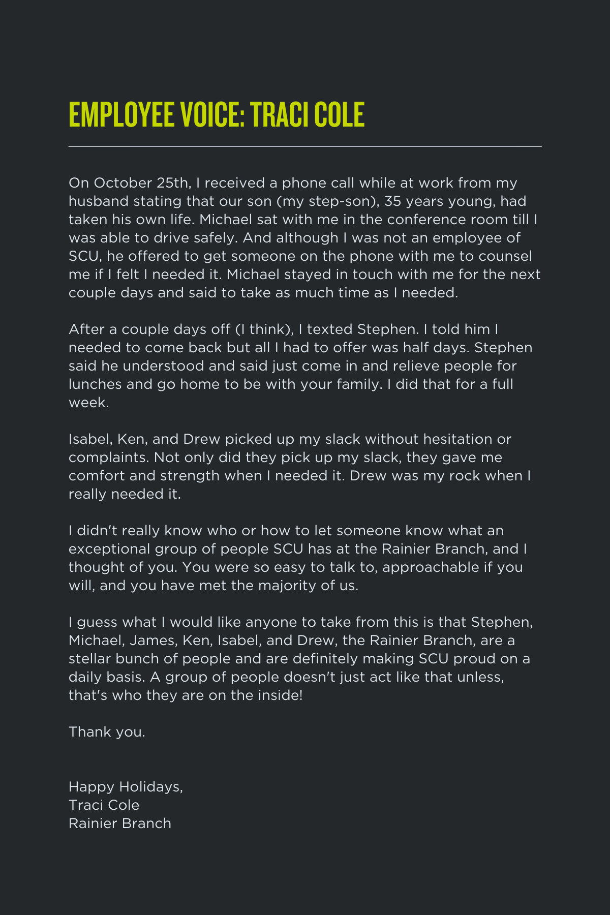 Full gratitude letter from Rainier Branch team member Traci